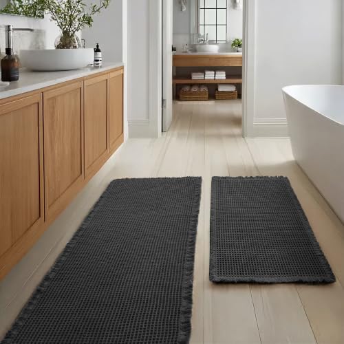 JIUZHEN Set of 2 Waffle Bath Mats Boho Bathroom Runner Rug 20"x32"+24"x60" - color: Black, size: 20"x32" + 24"x60"