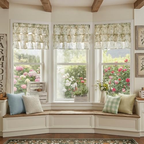 jinchan Amlie Ruffled Floral Valance Curtain 1 Panel 18 Inch Green on Linen - color: Amlie Sage Green on Linen