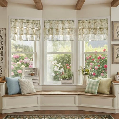 jinchan Amlie Ruffled Floral Valance Curtain 1 Panel 18 Inch Green on Linen - color: Amlie Sage Green on Linen