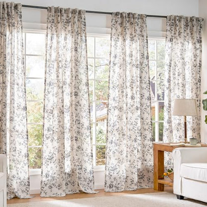 jinchan Linen Curtains 84 inch Black Floral Farmhouse Rod Pocket 2 Panels - color: Amlie Black, size: 50"W x 84"L (Pack of 2)
