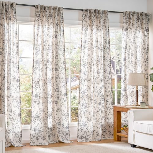 jinchan Linen Curtains 96 inch Black Floral Farmhouse Rod Pocket 2 Panels - color: Amlie Black, size: 50"W x 96"L (Pack of 2)