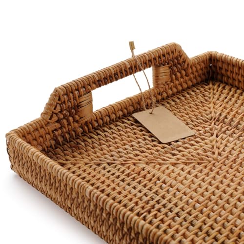 Hand-Woven Rattan Rectangular Serving Tray with Handles for Breakfast, Drinks, Snack for Coffee Table (14.5x10.2x1.4inches) - size: 14.5x10.2x1.4inches
