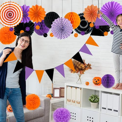 26 Pcs Halloween Party Decorations Kit, Paper Fans Pom Poms Banner 8-16 in - color: Purple