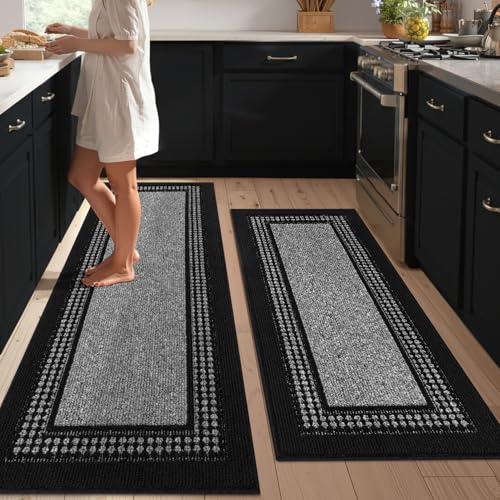 hicorfe Kitchen Runner Rugs,Set of 2 Non Slip Kitchen Mats for Floor - color: Black, size: 20"x59"+20"x48"