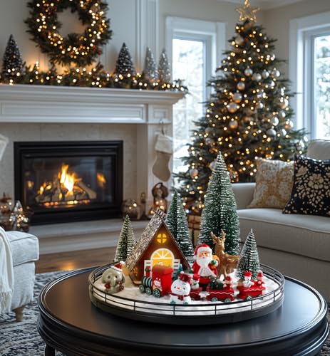 Oroyutor 12-Piece Christmas Village Centerpiece with 13-Inch Oak Lazy Susan