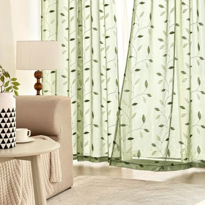 MIULEE Sage Green Sheer Curtains 2 Panels Leaf Patterned, W52 x L96 - color: Sage Green, size: 52"W x 96"L (Pack of 2)