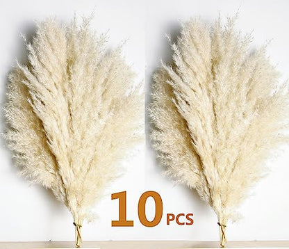 10 PCS Beige Pampas Grass Decor, Naturally Dried Pompas, Bunny Tails Dried Flowers, and Dried Eucalyptus. Perfect for Weddings, Boho Party Decorations, and Table Decor(17inch) - size: 10PCS-17inch
