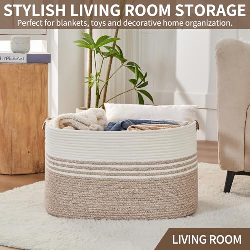 Laundry Hamper with Handles, 72L Rope Laundry Basket, Light Brown & White - color: Light Brown & White, size: 72L