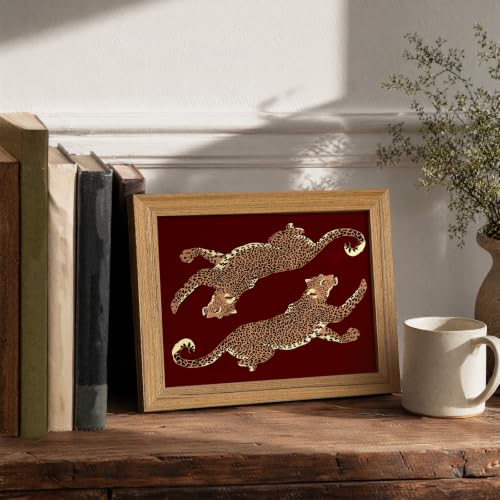 Leopard Wall Art Cheetah Poster Burgundy Animal Art Print Modern Artwork for Living Room Gallery Framed 8x10 inch - color: leopard, size: 10"L x 8"W