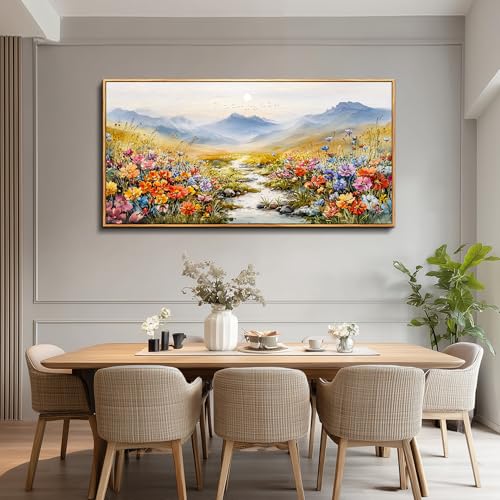 Nature Landscape Wall Art for Bedroom, Sunset Wildflowers Pictures 20X40 In - color: Flower Watercolour Painting Wood Framed, size: 40"L x 20"W