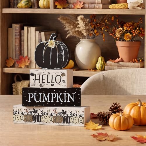 Smile Fall Wooden Decor Signs Black Pumpkin Plaque HELLO PUMPKIN Tiered Tray Tabletop for Autumn Harvest Thanksgiving Home Decorations - style: Black Pumpkin