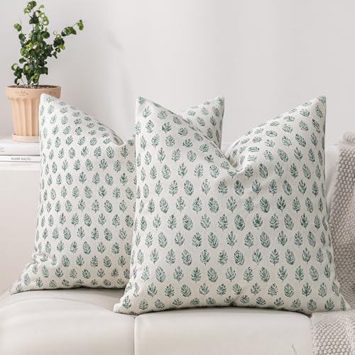 DWR Leaf Print Throw Pillow Covers 20x20 (Set of 2), Block Print Decorative Pillow Covers in Forest Green, Neutral Faux Linen Cotton Blend, Vintage Style for Couch, Sofa, Bed, Living Room - color: Forest Green, size: 20" x 20" (Pack of 2)