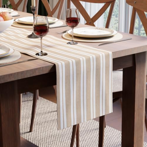Encasa XO Table Runner, Woven Cotton Dining Linens 13"x72" Beige - color: Franca Beige Stripes, size: 13x72 in