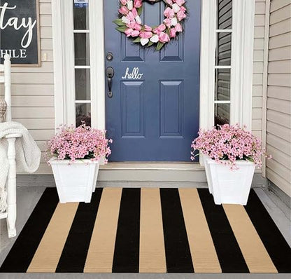 Striped Layering Rug 27.5"x43",Black and Tan Farmhouse Front Porch Mat - color: Black Tan, size: 2'4" x 3'7" (Rectangular)