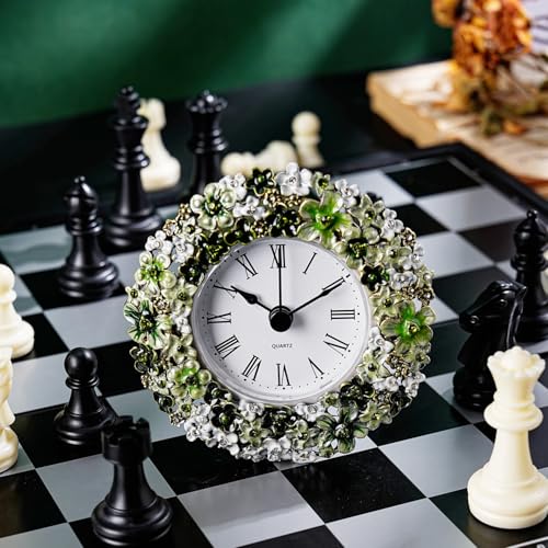 Floral Small Tabletop Clock, Battery Operated Metal Clock with Rhinestone for Bedside, Table, Living Room, Home & Office, Quartz Analog Movement - color: Green With White