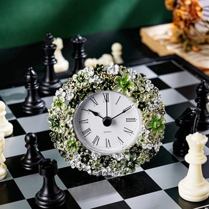 Floral Small Tabletop Clock, Battery Operated Metal Clock with Rhinestone for Bedside, Table, Living Room, Home & Office, Quartz Analog Movement - color: Green With White