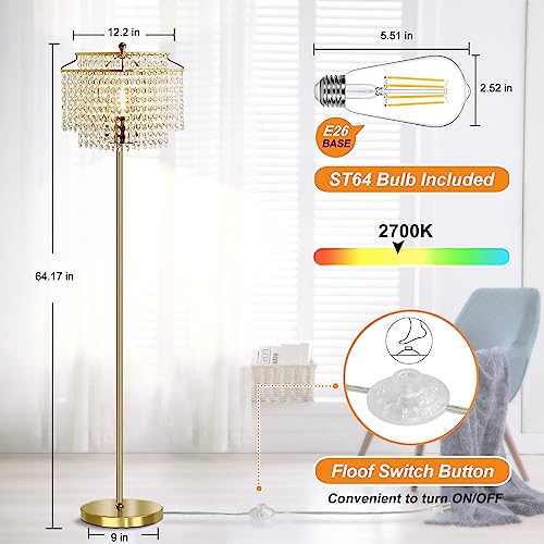 Luvkczc Gold Crystal Floor Lamp, 64" Tall Elegant Standing Lamp - color: Gold