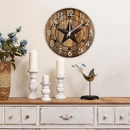 Wall Clock Western Texas Star Silent Battery Operated Bucolic Wood Wall Clock Old Fashioned Western Country Home Decor for Bedroom Living Room Outdoor Study Back Door - size: 15"x15"