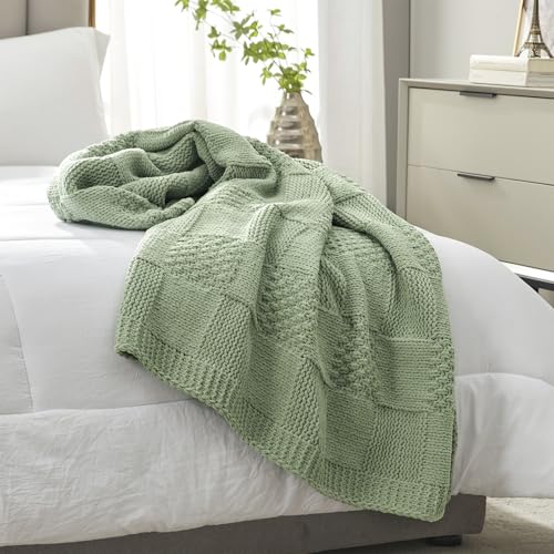 Amélie Home Checkered Knit Throw Blanket for Bed, Sage Green, 60"x80" - color: Checkered Sage Green, size: Checkered Knit 60"x80"