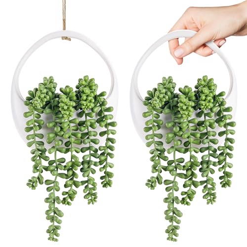 Der Rose 2 Pack Artificial Hanging Plants in White Pots for Boho Wall Decor | Mixed trailing succulent styles, included hanging strings,wall or shelf display for bathroom bedroom office decor - color: White, size: 5.9"W * 13.5"H