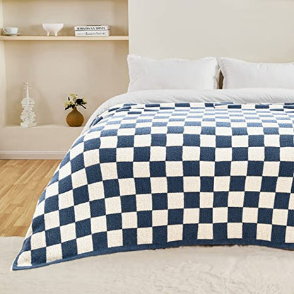 CozeCube Dusty Blue White Reversible Checkered Knit Throw Blanket 50"x60" - color: Dusty Blue and White, size: 50"x60"