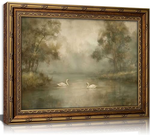 Vintage Gold Framed Swan Lake Wall art, Romantic Landscape Oil Painting Canvas Print, Rural Forest Lake Cottagecore Picture, Rustic Farmhouse Poster Artwork for Living Room Bedroom Bathroom - color: Two Swan, size: 24"L x 16"W