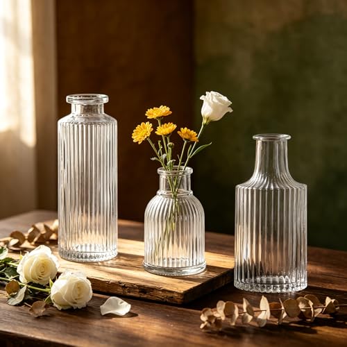 Mini Ribbed Glass Bud Vases Set of 12, Small Fluted Glass Flower Vases for Wedding Reception Centerpieces, Tabletop Decorations, Modern Home Decor
