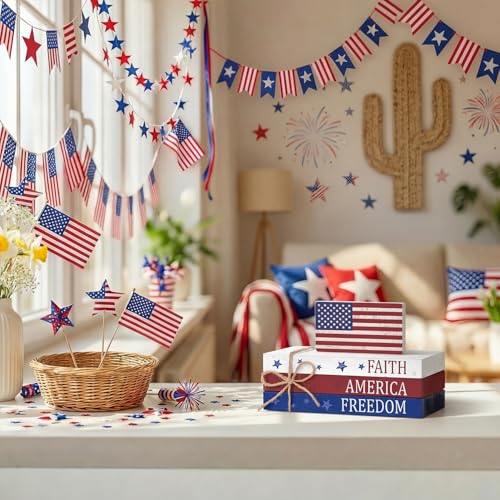 Smile Patriotic Wooden Block Stack with American Flag Decor, 4-Piece "Faith America Freedom" Tiered Tray Tabletop Sign for 4th of July & Memorial Day - style: Flag