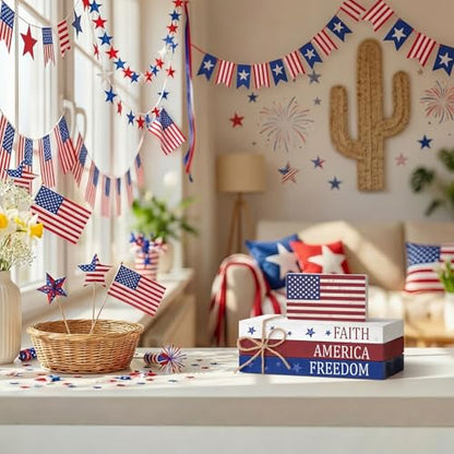Smile Patriotic Wooden Block Stack with American Flag Decor, 4-Piece "Faith America Freedom" Tiered Tray Tabletop Sign for 4th of July & Memorial Day - style: Flag