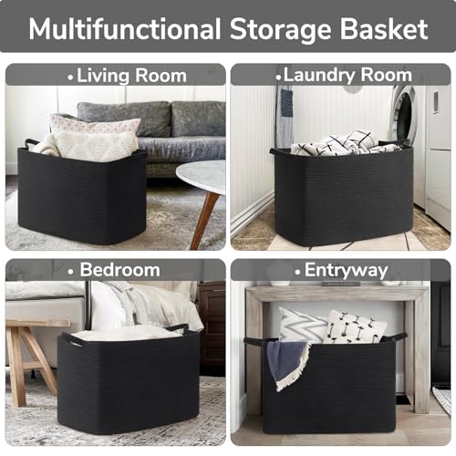 Goodpick 105L Extra Large Woven Rope Blanket Basket, Rectangle, Black - color: Black, size: XX-Large(25"L x 16"W x 16"H)
