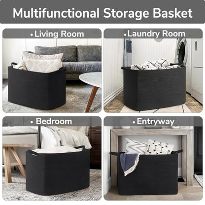 Goodpick 105L Extra Large Woven Rope Blanket Basket, Rectangle, Black - color: Black, size: XX-Large(25"L x 16"W x 16"H)