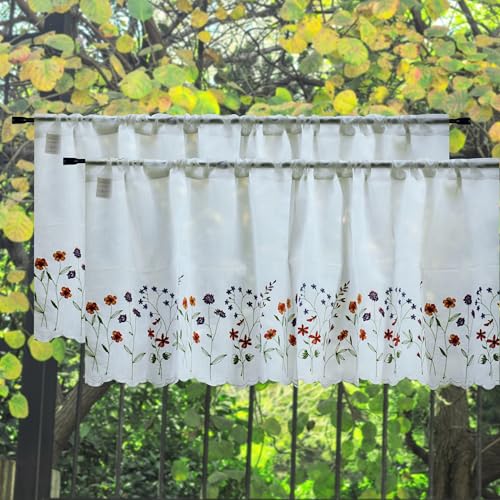 027 2 Pack Floral Embroidery Pastoral Style Valance, White Sheer Flowers Valances,Window Treatment for Kitchen,W60XL18 inch (Wild Flower) - size: 60"W x 18"L (Pack of 2)