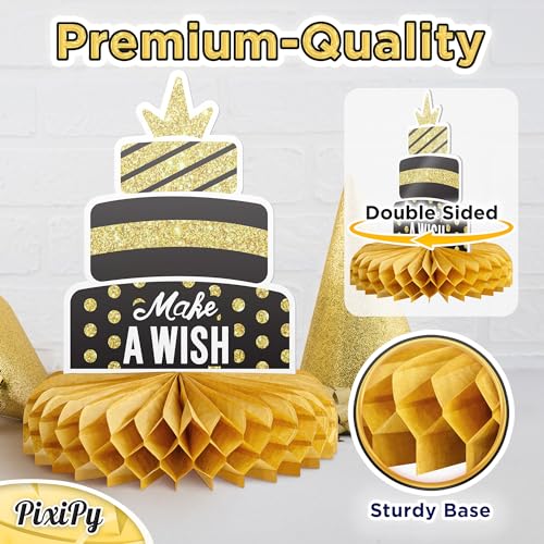 Happy Birthday Table Decoration Centerpieces - 8 Pieces, Black & Gold - Double-Sided Happy Birthday Centerpieces for Tables - Party Supplies for Elegant Birthday Decorations - by PixiPy - style: Black & Gold (Pack of 8)