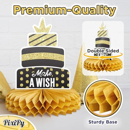 Happy Birthday Table Decoration Centerpieces - 8 Pieces, Black & Gold - Double-Sided Happy Birthday Centerpieces for Tables - Party Supplies for Elegant Birthday Decorations - by PixiPy - style: Black & Gold (Pack of 8)