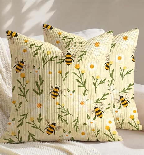 Corduroy Throw Pillow Covers 20x20 Inch - Set of 2 Decorative Summer Spring Pillow Covers with Zipper Farmhouse Decor Cottage Throw Pillowcases for Couch Sofa Living Room Bedroom, Flower Bee - color: Flower Bee, size: 20" x 20" (Pack of 2)