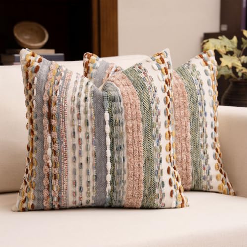 Boho Chenille Tufted Throw Pillow Covers 18x18 Inch Set of 2 Farmhouse Colorful Woven Striped Decorative Pillowcases for Couch Sofa Bed - color: Colorful