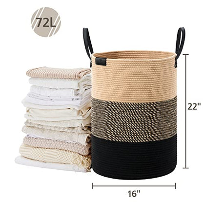 VIPOSCO 72L Tall Woven Rope Laundry Hamper, Leather Handles, Brown & Black - color: Brown & Black, size: 72L