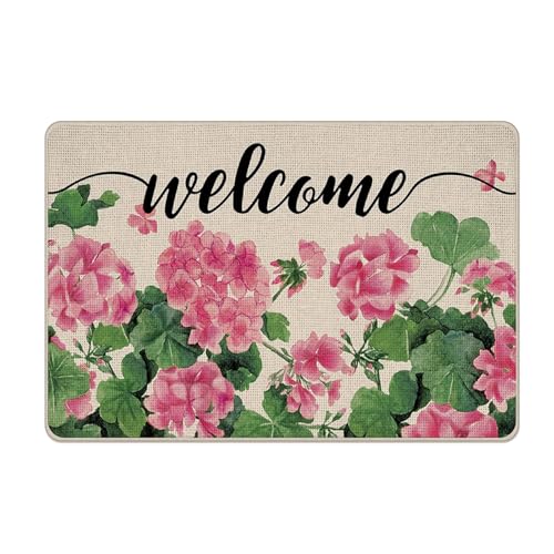 Welcome Spring Summer Geranium Flower Decorative Front Door Mat - color: Pink, size: 2'8" X 4' (Rectangular)