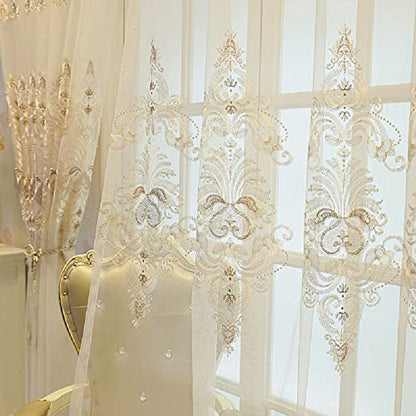 Amidoudou 1 Pair European Embroidered Tulle Curtains for Living Room Bedroom Luxury Translucent Curtain (Beige,51x102 Inch) - color: Beige, size: 51"W x 102"L (Pack of 2)