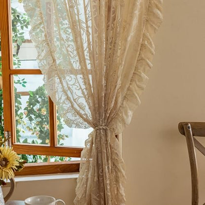 TUDECO Beige Lace Sheer Curtains 72 Inches Long, Ruffle Edges, 2 Panels - color: Beige, size: 59"W x 72"L (Pack of 2)
