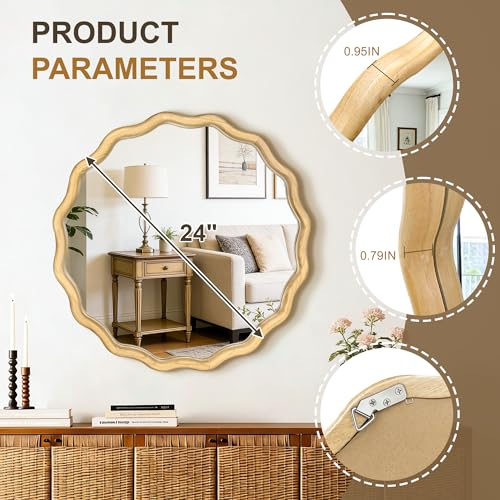 AMOISE Round Wavy Wall Mirror, 24" Circle Boho Scalloped Mirror - size: 24"L x 24"W
