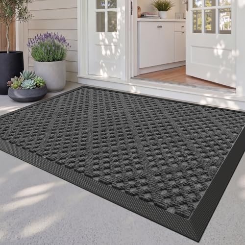DEXI Front Door Mat Outside Entrance 32x48 Heavy Duty Rubber Entry Doormat | Rhombic Grey, Dirt Trapper, Non Slip Low Profile Floor Mats for Entryway Exterior Patio - color: Rhombic Grey, size: 32" X 48" (Rectangular)