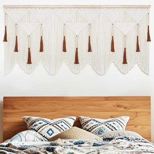 Large Macrame Wall Hanging, Boho Woven Tapestry with Wood Bead Tassel - size: Large