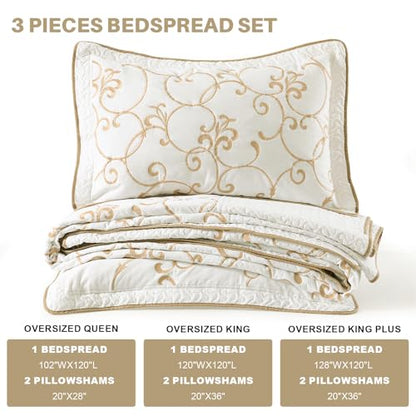 100% Cotton Oversized Bedspread Quilt Coverlet Set, 120"x102" Extra Large Queen Bedspreads with Pillow Shams, Lightweight Embroidered Bedding Cover 3 Piece, Beige/White - color: Beige/White, size: Oversized Queen(120"x102")
