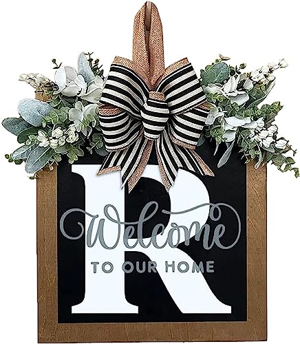 Last Name Year Round Front Door Wreath Front Porch Decoration 26 Letter Welcome Sign with Eucalyptus Garland and Bow Spring Wreaths for Front Door Outside Hanger Garland（R） - color: R