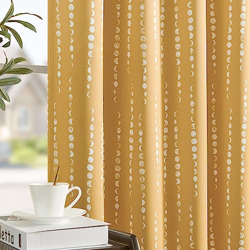 jinchan Boho Blackout Curtains 63 Inch Length Moon Phase Printed Drapes - color: Luna | Mustard Yellow, size: 52"W x 63"L (Pack of 2)