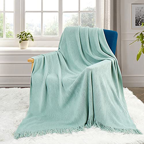 Homiest Light Green Knitted Throw Blanket with Fringe, 50x60 Inch - color: Light Green, size: 50" x 60"