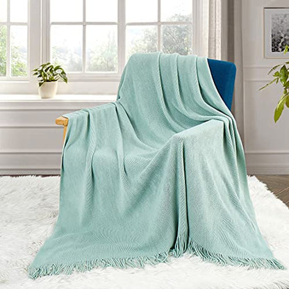 Homiest Light Green Knitted Throw Blanket with Fringe, 50x60 Inch - color: Light Green, size: 50" x 60"