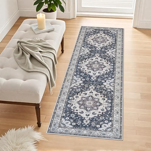 Hallway 2x6 Washable Runner Rug: Vintage Low Pile Blue Rugs for Kitchen Bedroom Oriental Stain Resistant Bathroom Carpet Accent Floor Mat with Non-Slip Backing for Laundry Home Office (2x6,Blue) - color: Blue, size: 2' x 6' (Rectangular)