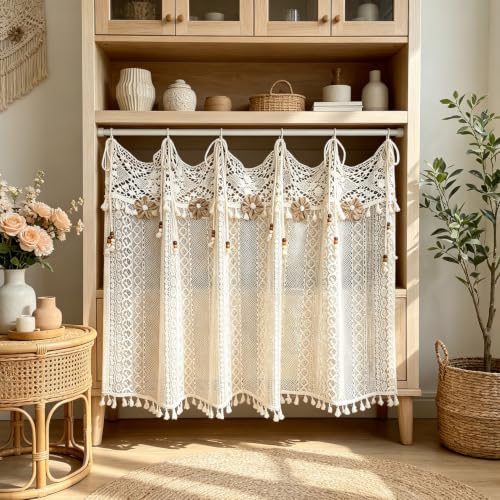 Boho Crochet Lace Sheer Curtain Valance for Window Kitchen Doorway Entryway - size: 55"W x 20"L (Pack of 1)
